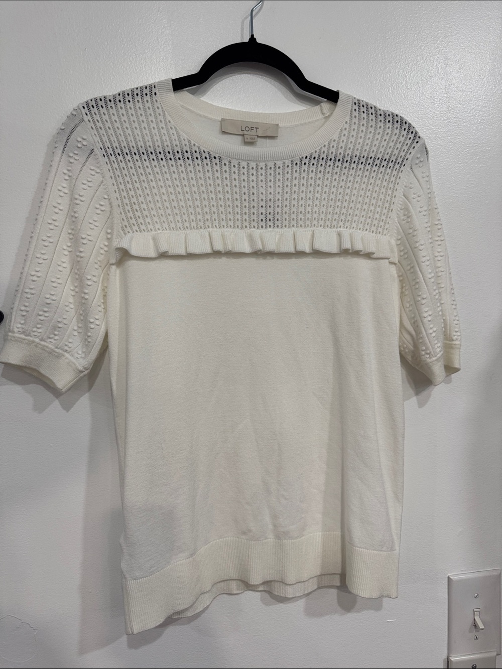 LOFT Cream Short-Sleeve Knit Ruffle Yoke Sweater